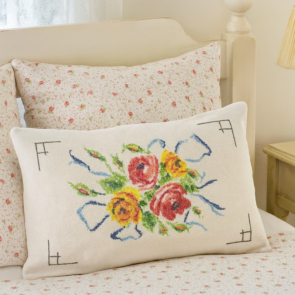 Vintage cross stitch pillow case 16x28 floral needlepoint embroidered roses